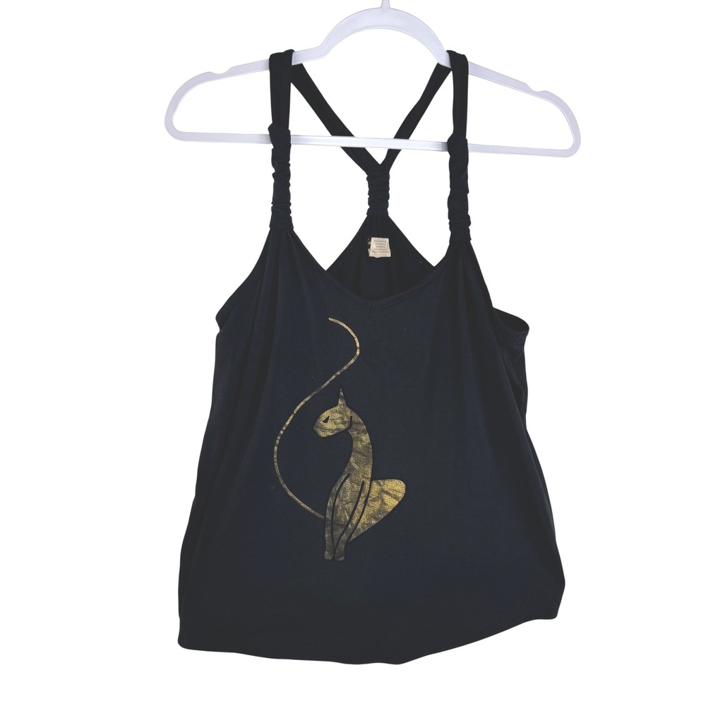Baby Phat Womens Black Gold Cat Logo Racerback Tank Top Ruched Straps Large Y2K